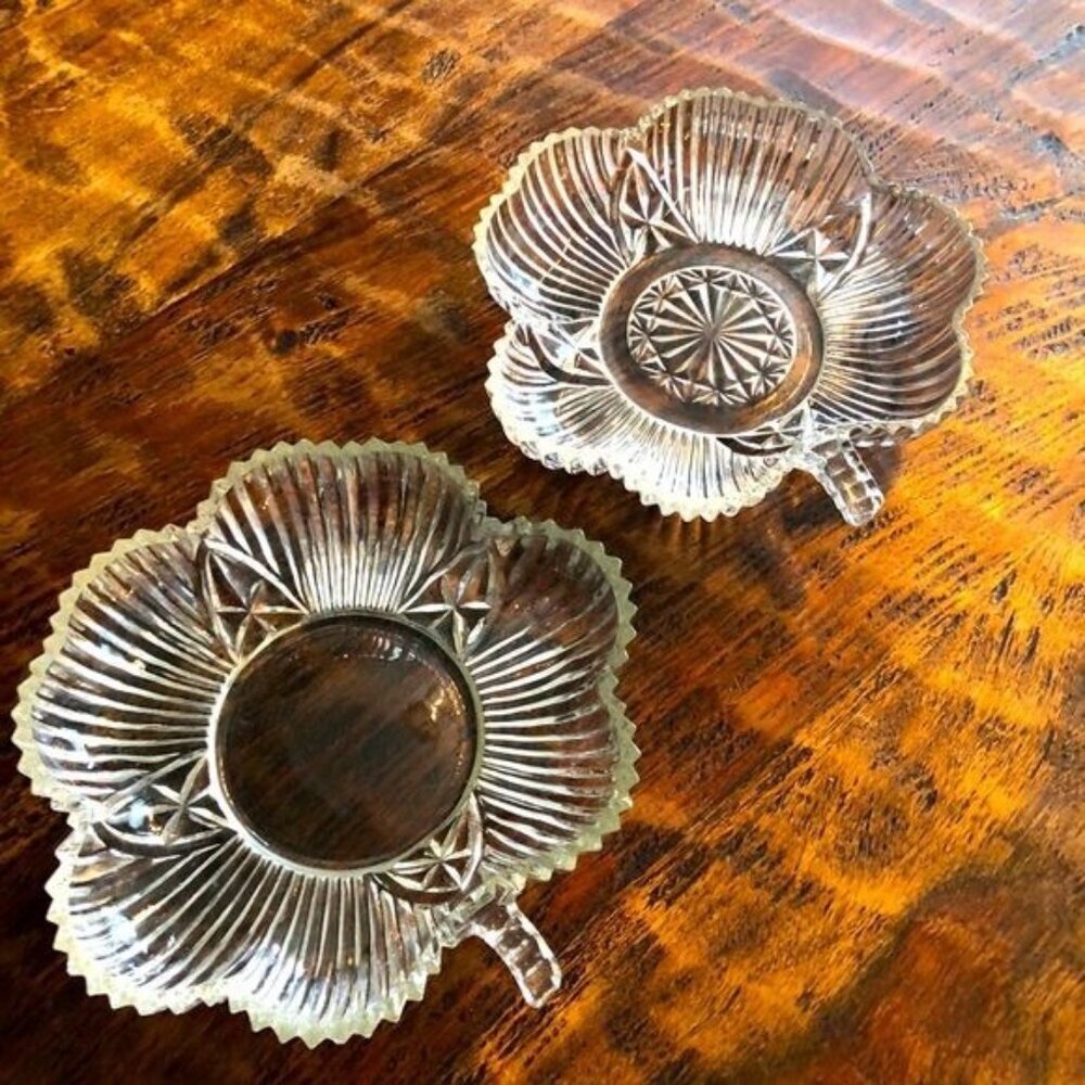 2 Vintage Federal Glass Clear 4 Leaf Clover Ashtrays/Candy Dish